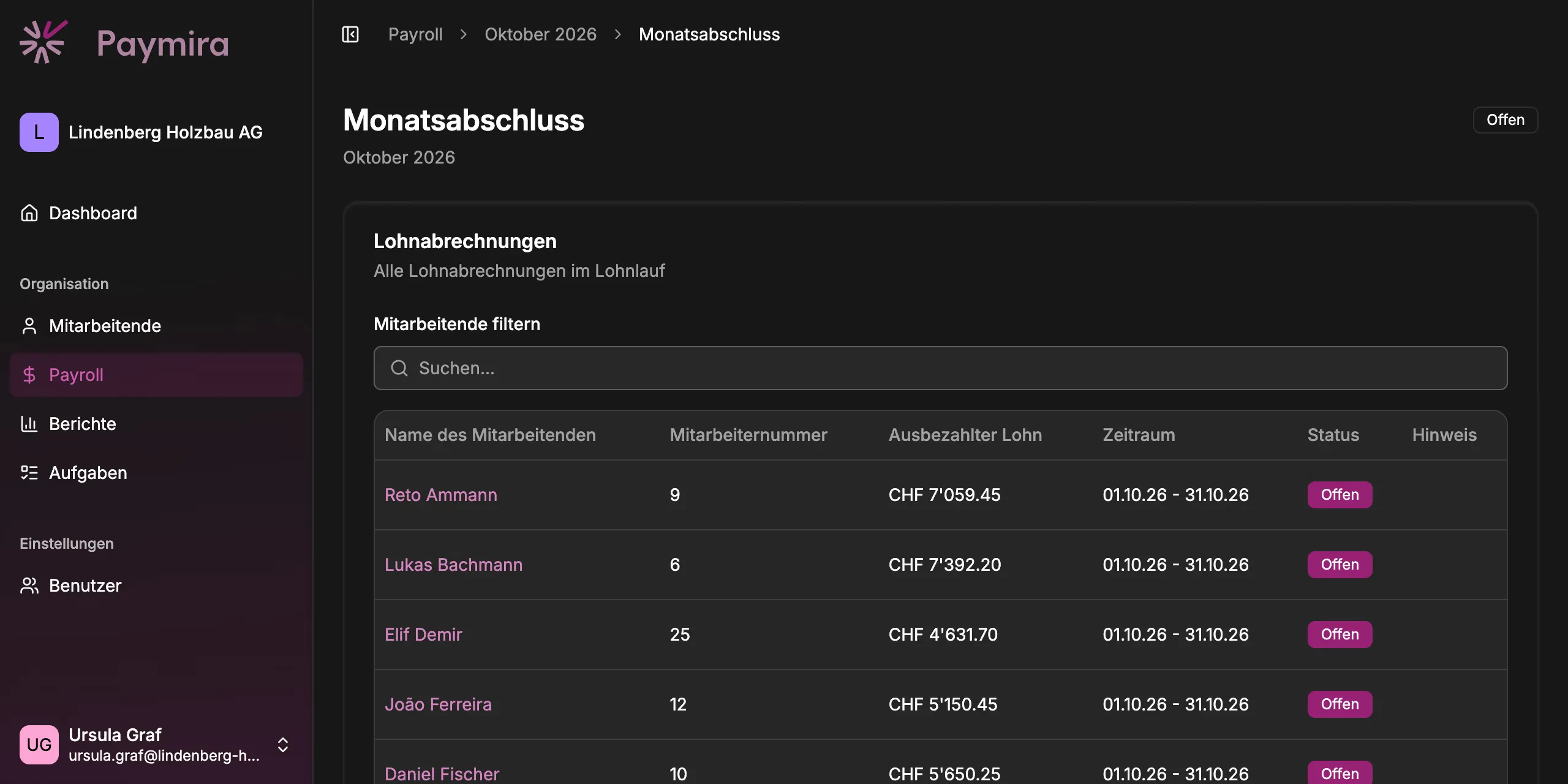 Der Lohnlauf im Oktober in der Paymira-App: alle Lohnabrechnungen mit ausbezahltem Lohn, Zeitraum und Status