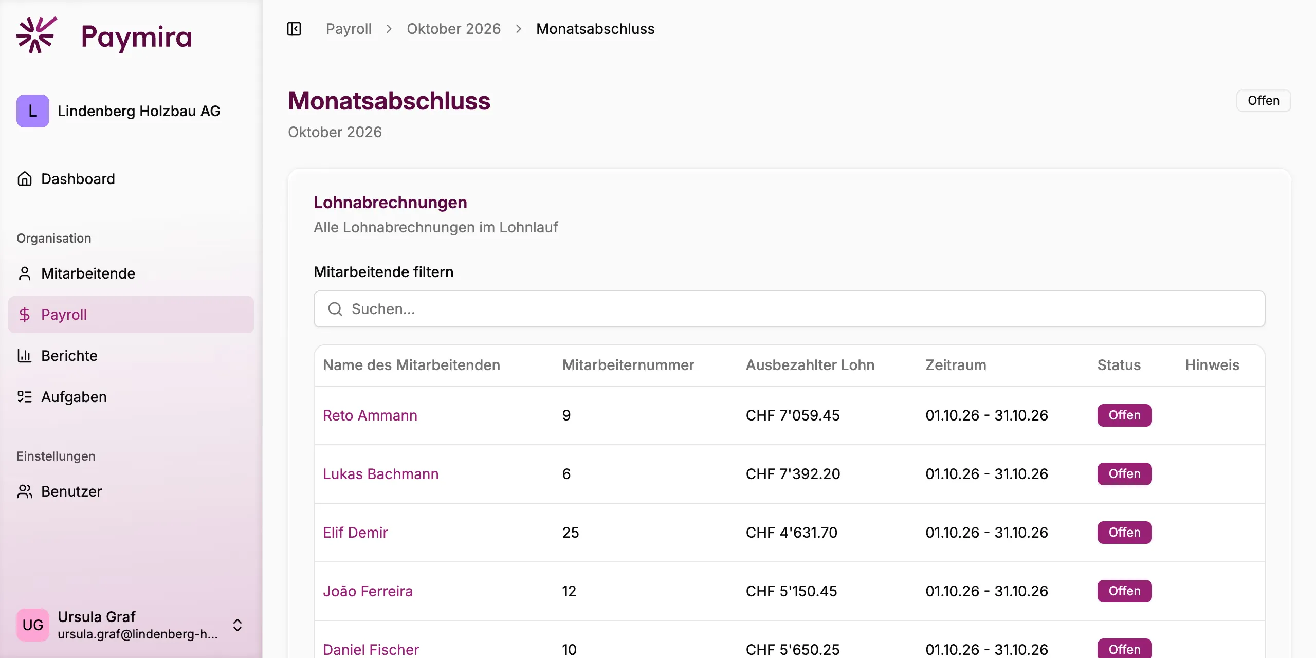 Der Lohnlauf im Oktober in der Paymira-App: alle Lohnabrechnungen mit ausbezahltem Lohn, Zeitraum und Status