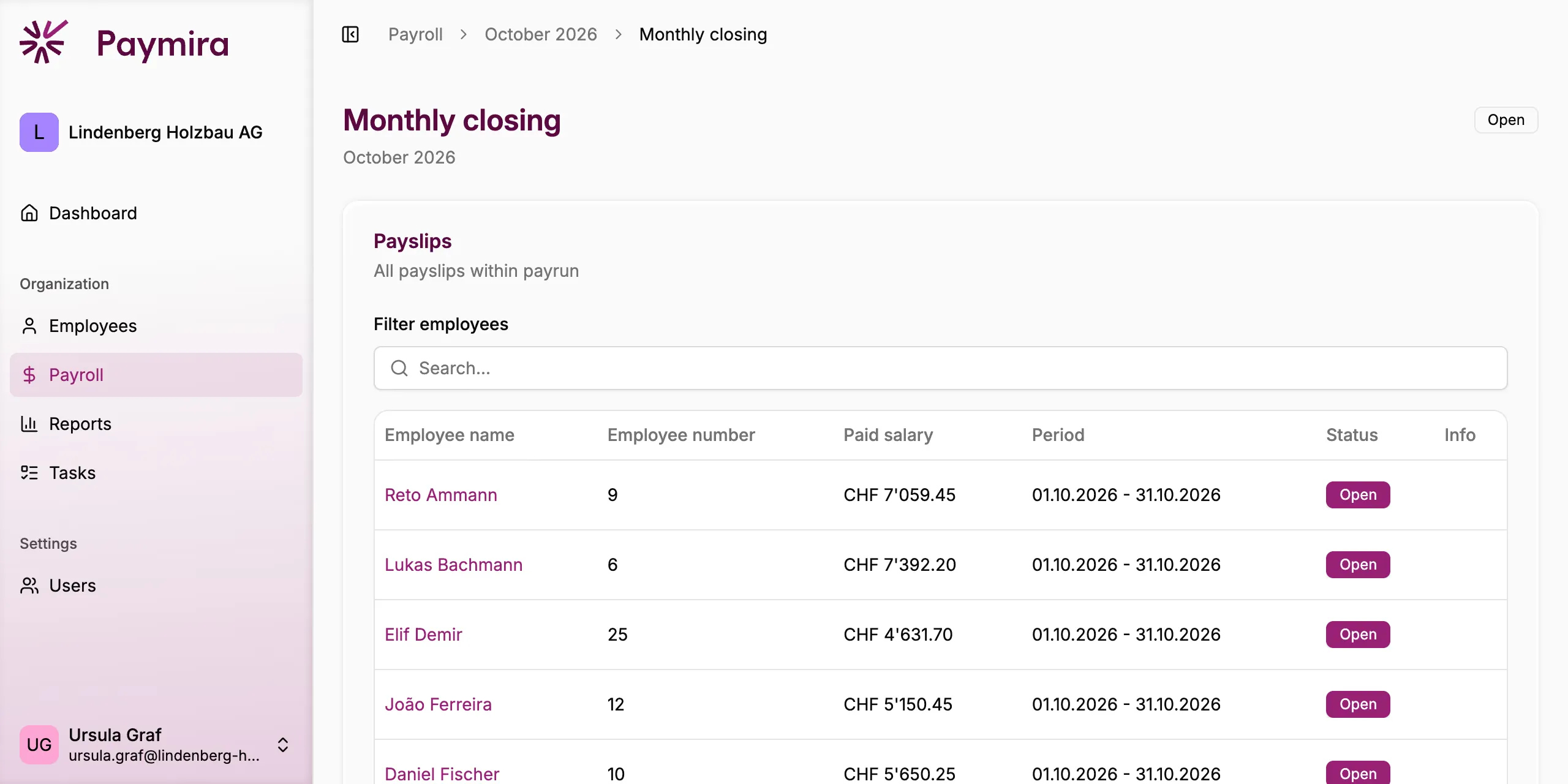The October payroll run in the Paymira app: every payslip with net pay, period and status