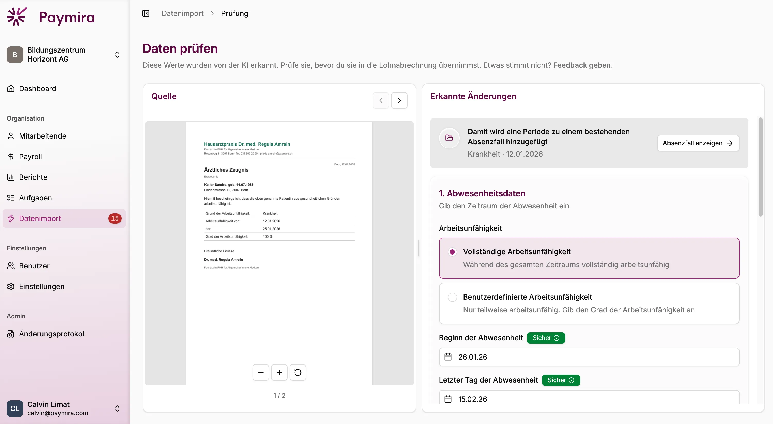 Die Prüfansicht im Datenimport: links das Arztzeugnis, rechts die erkannte Arbeitsunfähigkeit mit Beginn und Ende der Absenz
